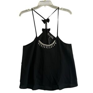 PRETTY ANGEL Silk Blend Crystals Tank Top Bows Black Size S/M NWT